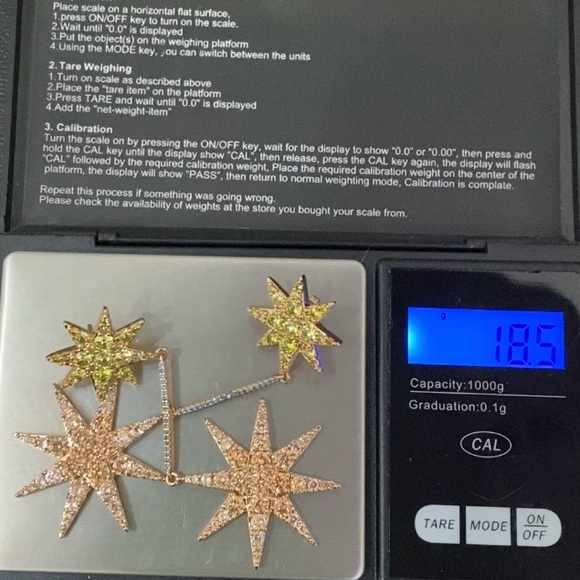 XIXI Gold-tone Double Star CZ Cubic Zirconia Drop Earrings 18.5g - Picture 10 of 15